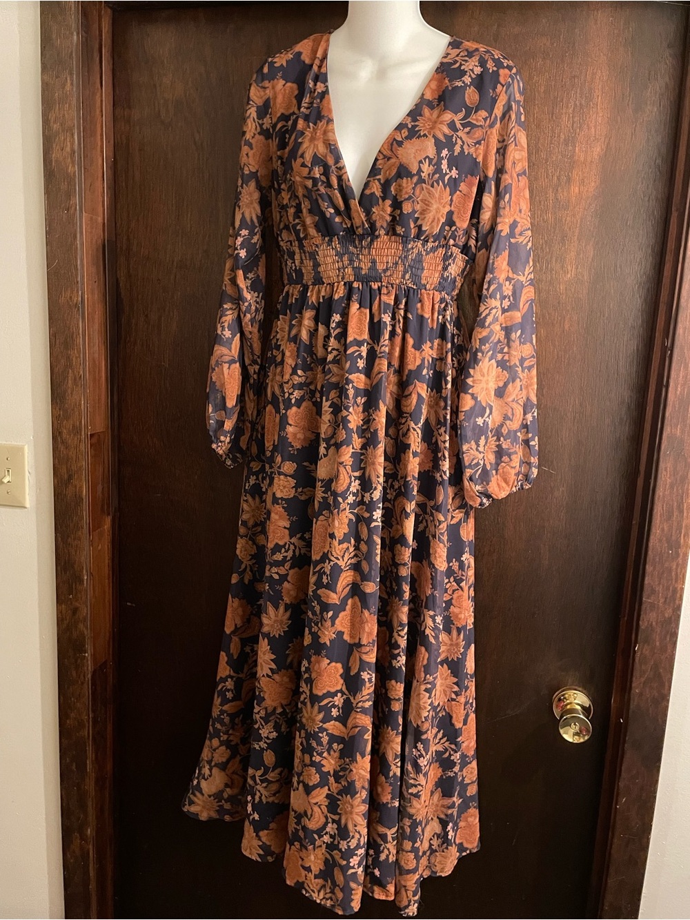 First Love by Lovelyn Brand Women's size Small Navy & Brown Floral Maxi Dress